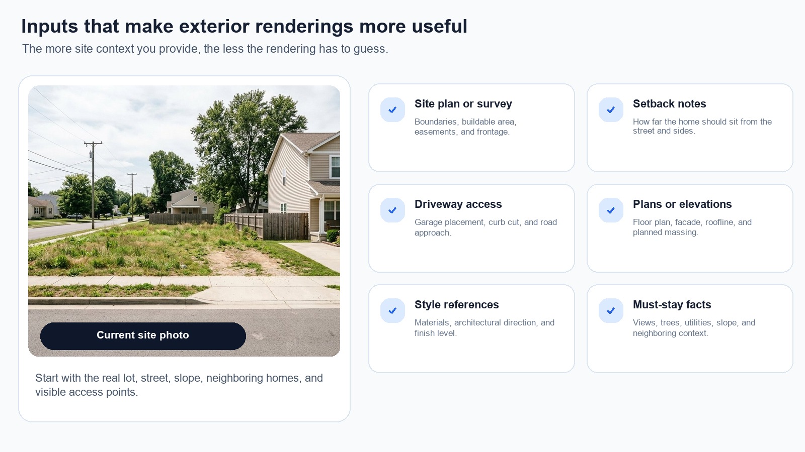 Input materials checklist for exterior rendering in real estate listings
