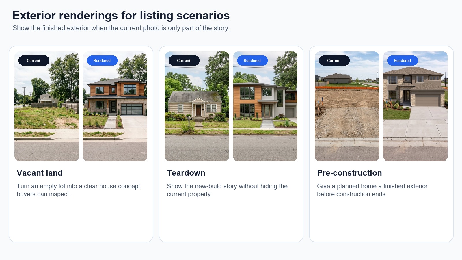 Exterior rendering examples for vacant land, teardown properties, and pre-construction listings