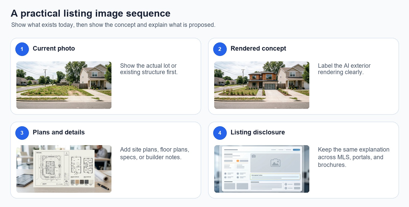 Practical listing image sequence for exterior real estate renderings