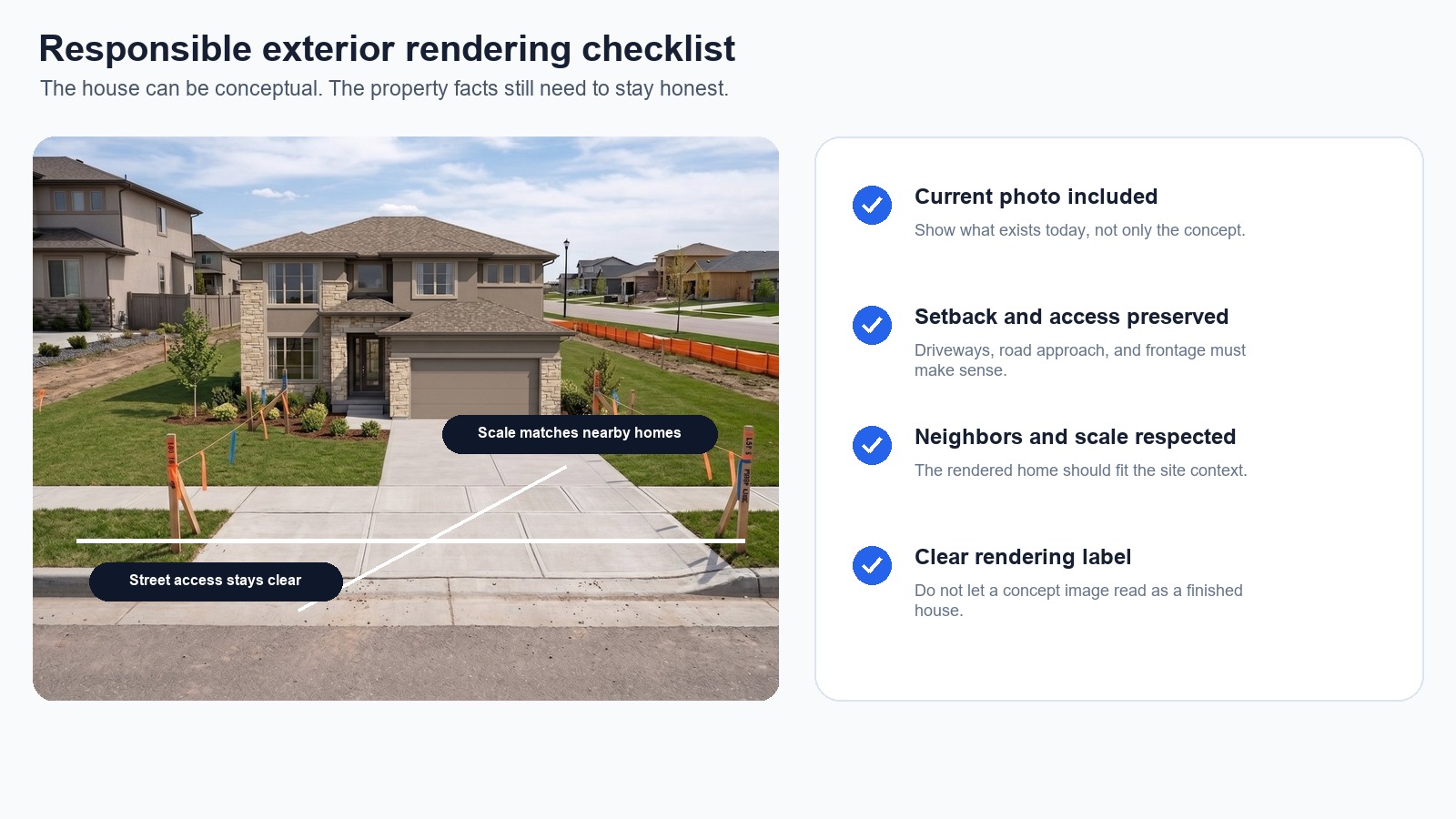 Checklist for preserving property details in exterior real estate renderings
