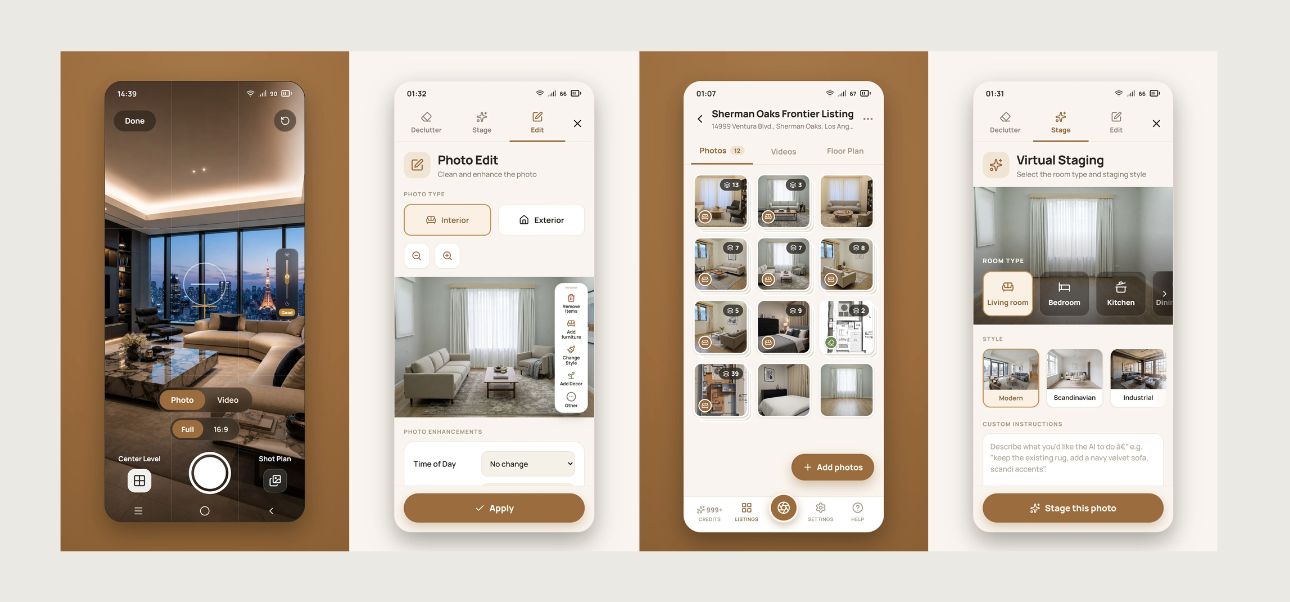 PropLens app interface showing camera capture, AI photo editing, listing gallery, and virtual staging controls.