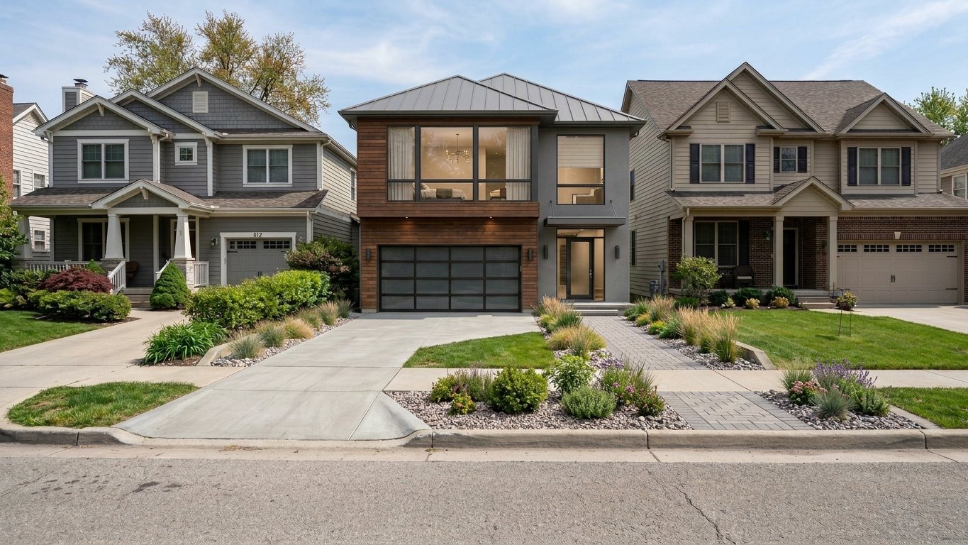 Modern family home rendering on a vacant suburban lot