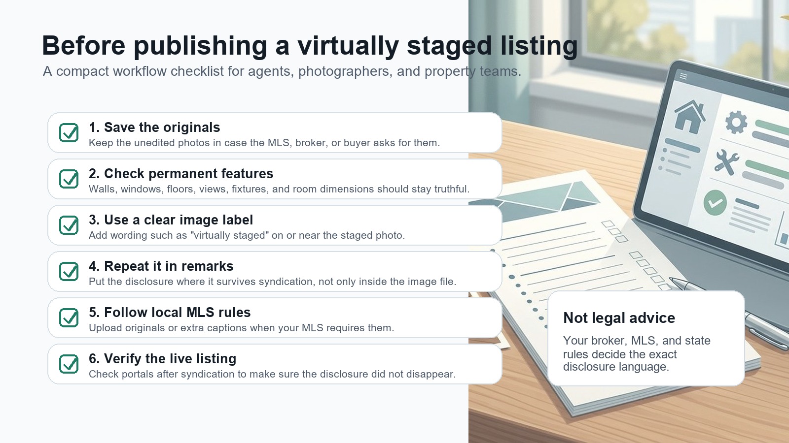 Workflow checklist for publishing a virtually staged listing with disclosure